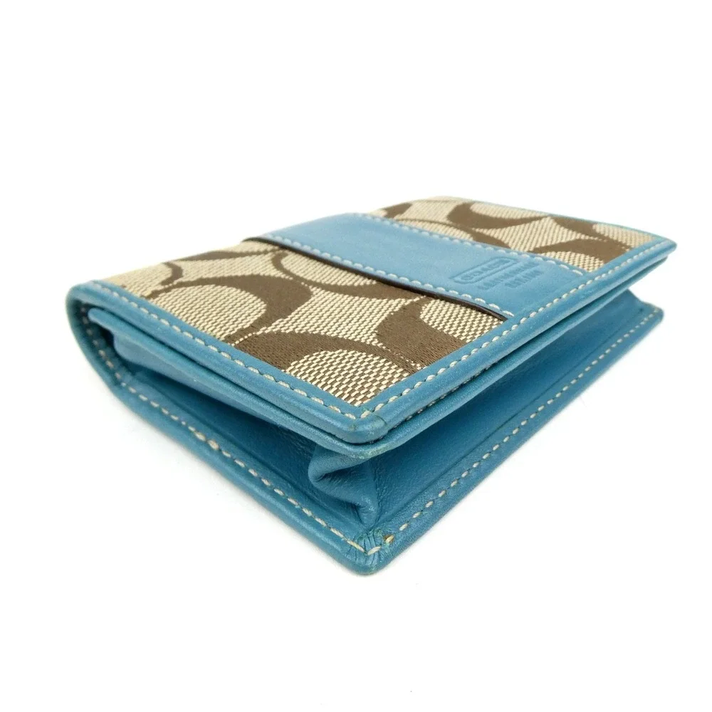 Coach Signature Khaki Teal Leatherware Bifold Card Case Wallet